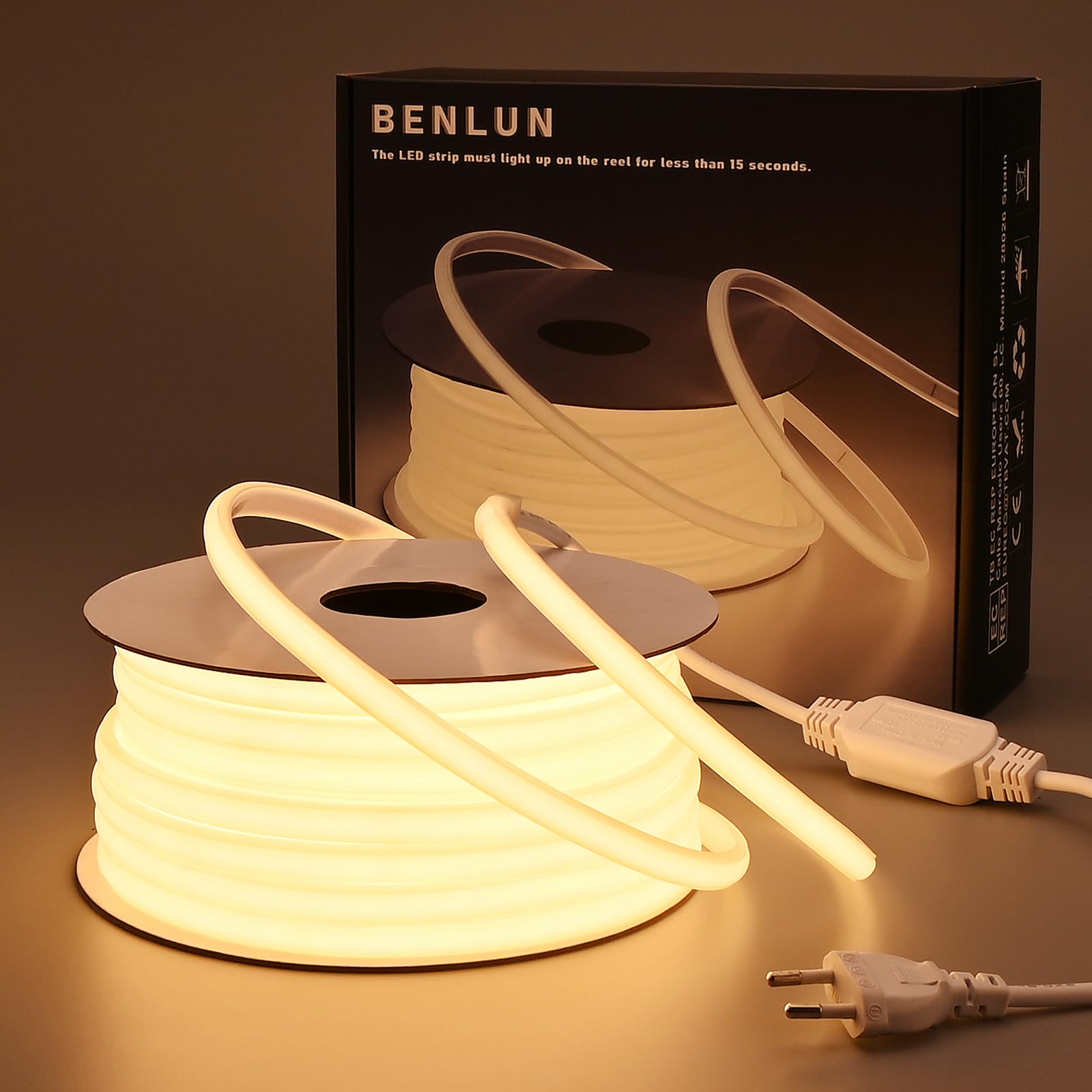 BENLUN AC 220V COB LED Streifen Aussenbereich 20M, 3000K Warmweiß LED Strip Outdoor Wasserdicht, LED Band 200W CRI 90+ 230V Direktanschluss für Zimmer und Außen Dekoration Beleuchtung