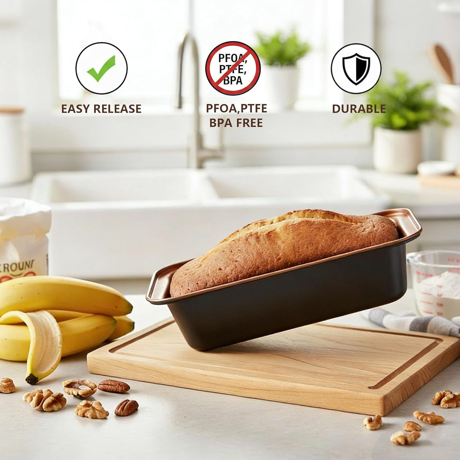 3-Pack Nonstick Loaf Pan 9x5 Inch, Carbon Steel Bread Pan for Baking, Easy Release for Meatloaf, Banana Bread & Pound Cake, Oven Safe 450°F - Image 2