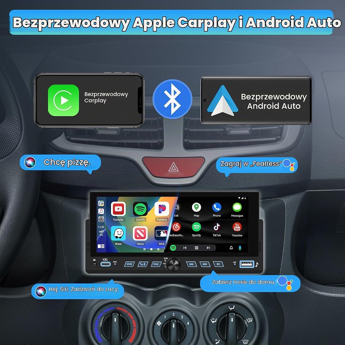 Inefala Radio samochodowe Bluetooth 1 DIN z bezprzewodowym Carplay Android Auto