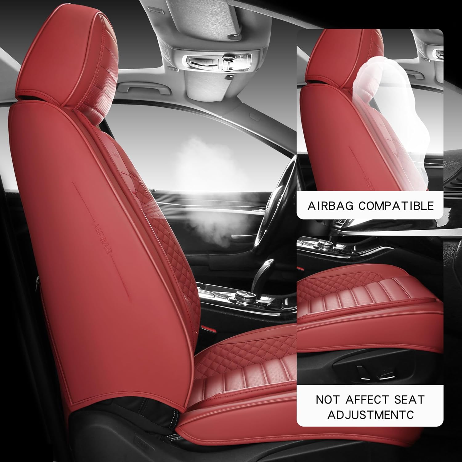 Full Coverage Leather Car Seat Covers Full Set Universal Fit for Most Cars Sedans Trucks SUVs with Waterproof Leatherette in Automotive Seat Cover Accessories (Wine Red)