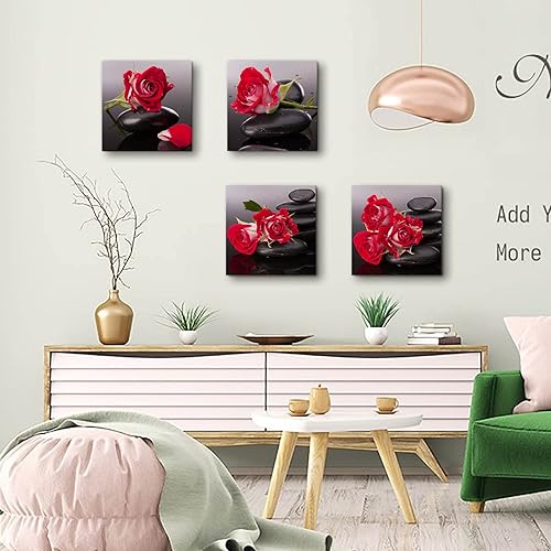 Miniatura 2 de Yxbhhym - Lienzo de pared negro y rojo con piedras de dormitorio, decoración de pared zen, cuadros de rosas, estampado floral, póster de spa, baño,