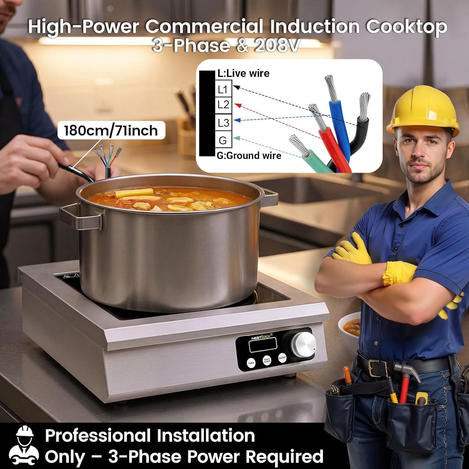 5000W Commercial Induction Cooktop, NESTIQEX 208V 3-Phase Large Induction Burner with 20 Power & Temp Levels, 9" Large Coil, 24h Timer, Pro Electric Countertop Burners for Restaurant