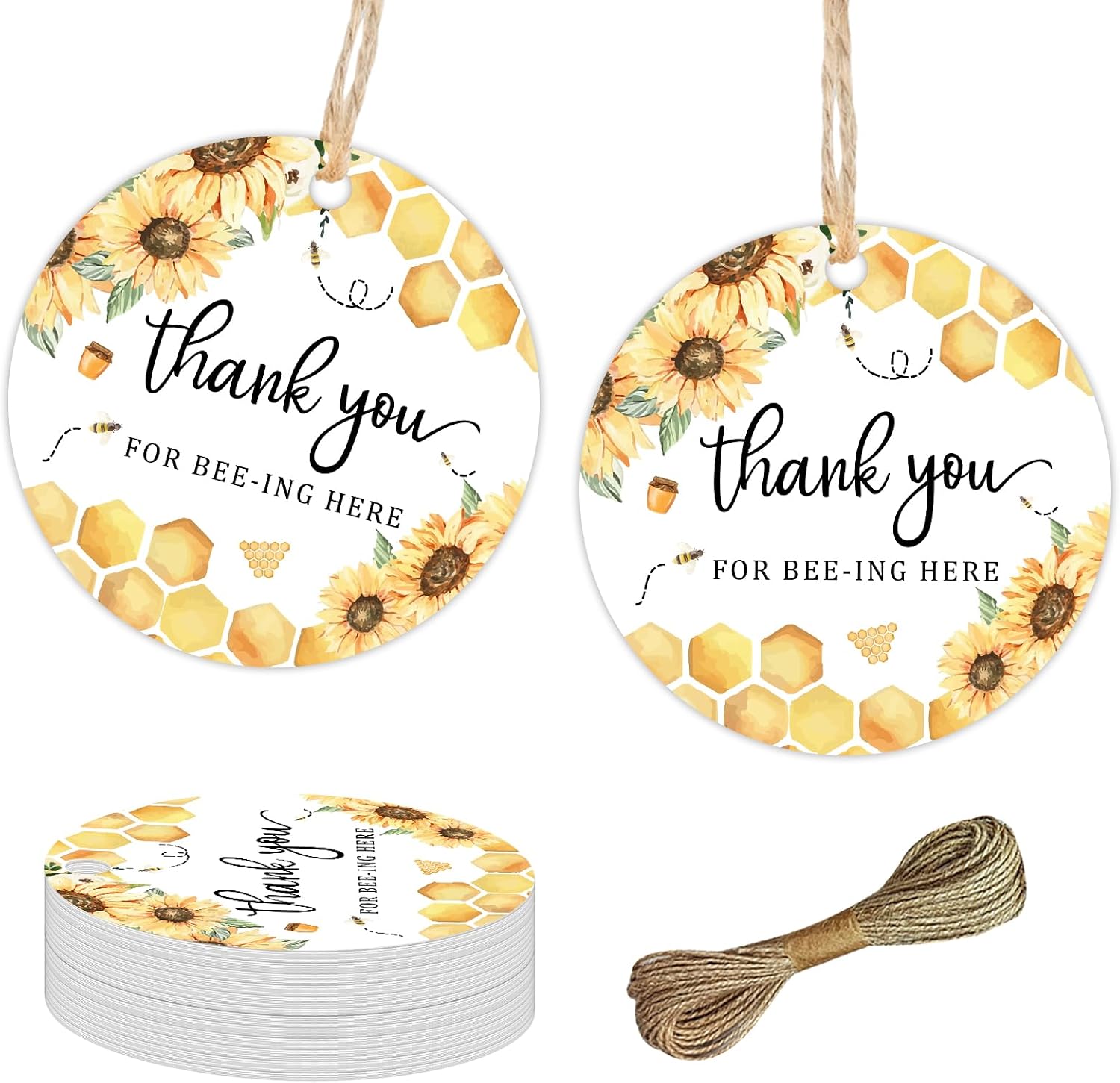 50pcs Bee Thank You Tags Bee Party Decorations Round Thank You for Bee-ing Here Paper Gift Tags with Strings for Boys Girls Bee Themed Birthday Baby Shower Party Decor Supplies