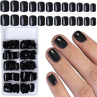 LuckForever Short Press on Nails 240pc Glossy Black Press on Nails Short Square Round Fake Nails Full Cover 10 Sheets Nail Adhesive Tabs,Small Wooden Sticks and Nail Files False Nails for Women