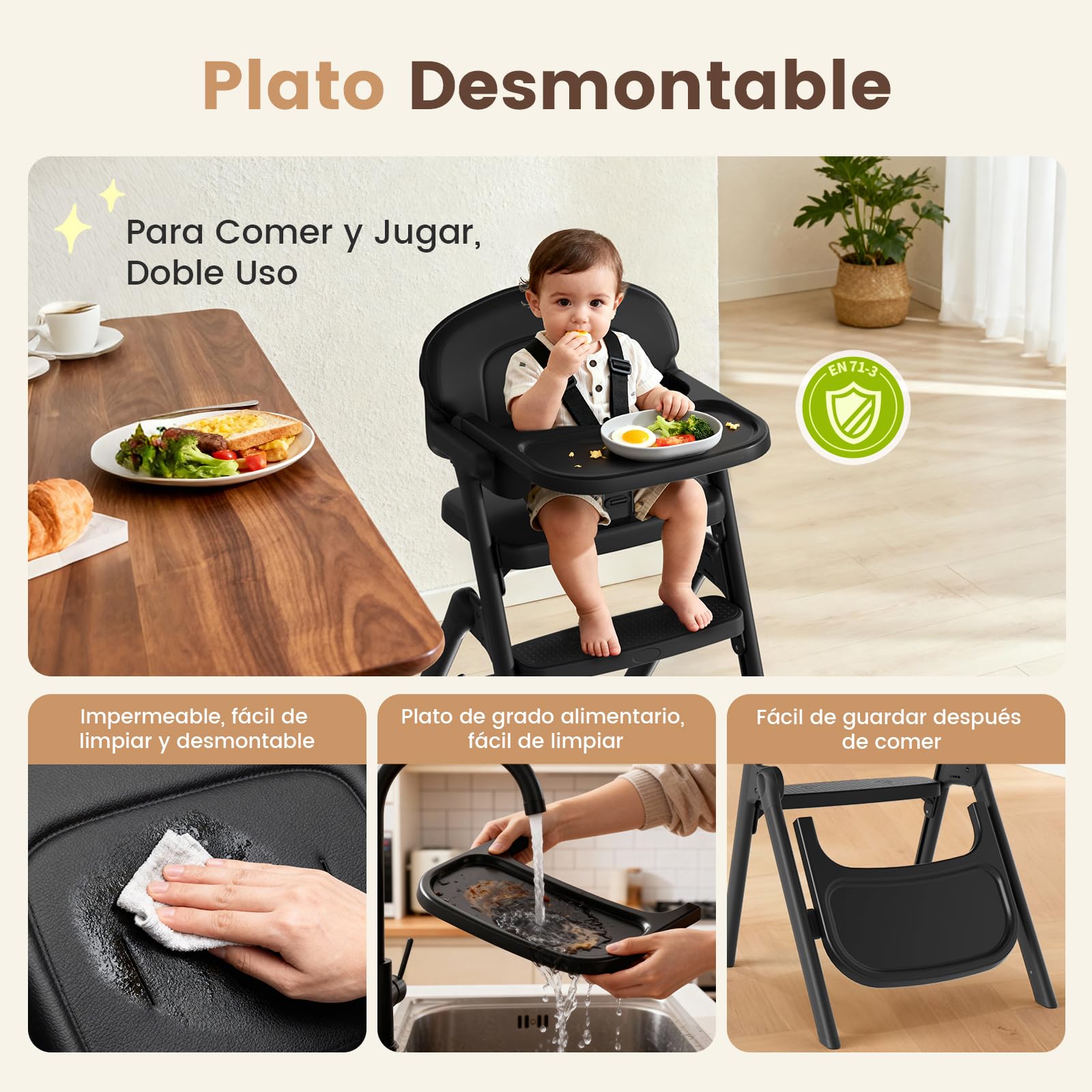 Trona Evolutiva Bebé-Plegable, Tronas de Bebe Regulable, 6 Meses-90 KG, con Bandeja/Cojín/Arnés de 5 Puntos/Bandeja, Tronas Evolutivas Fácil de Limpiar, Ergonómica (Negro)