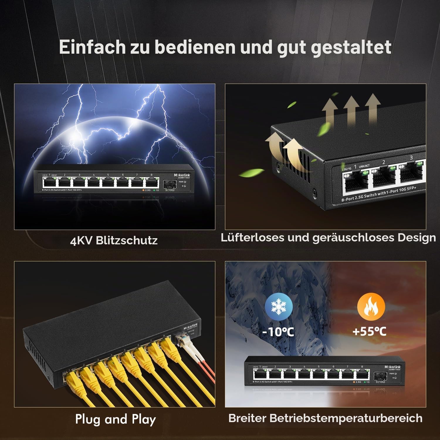 MokerLink 8 Port 2.5Gigabit Ethernet Switch mit 10G SFP Slot, 8 x 2.5G Base-T Ports kompatibel mit 10/100/1000Mbps, Metall Unmanaged Fanless Small Network Switch