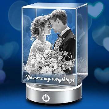 3D Crystal Photo Personalized Custom, Holographic Laser Photo Etched Engraved In Crystal with Your Own Photo, Unique Memorial Birthday Engagement Wedding Anniversary Christmas Day Gifts Portrait, S