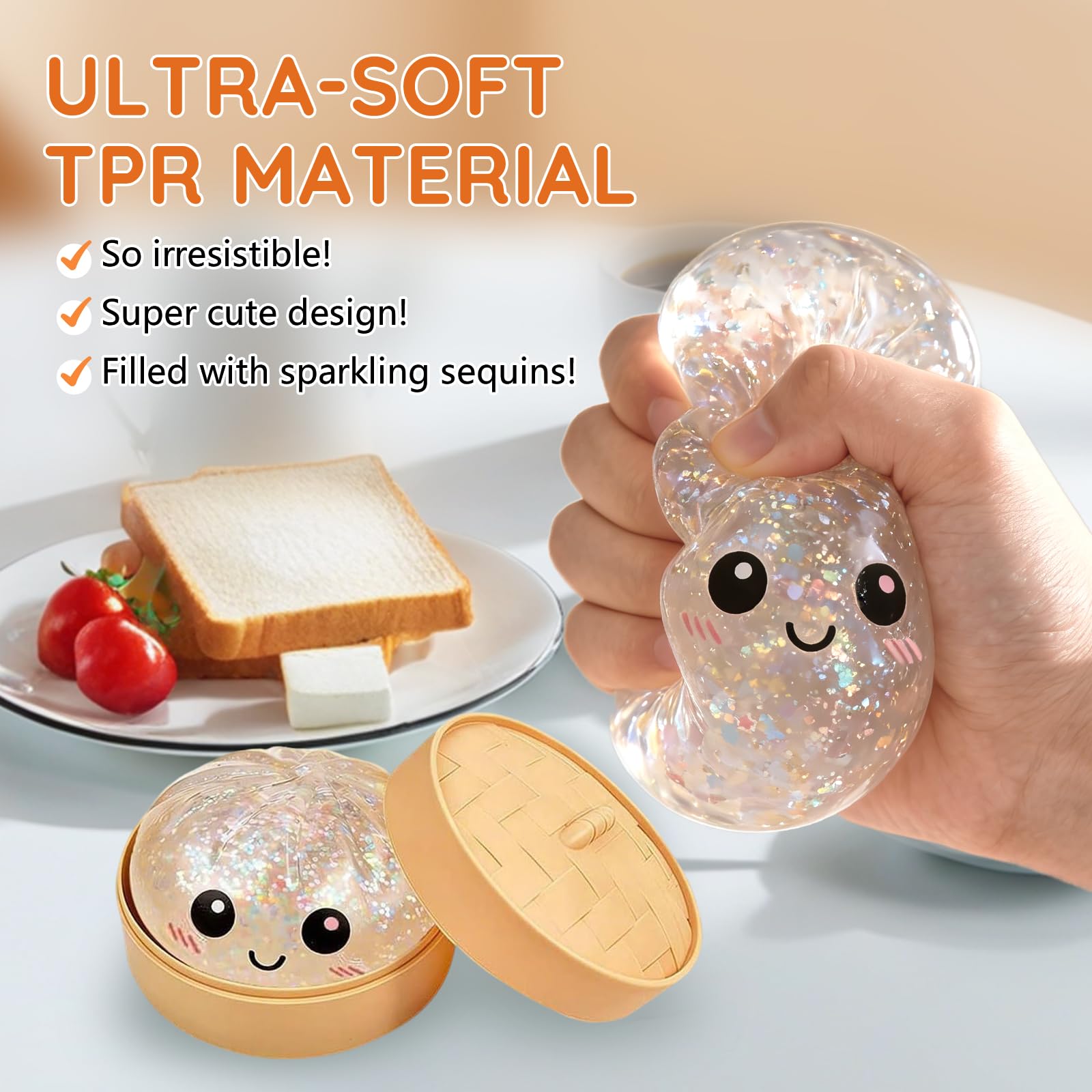 Set di 12 dumpling squishy glitterati, a forma di gnocchie, Squishy Dumplings Mystery Box, giocattoli sensoriali scintillanti, giocattoli flessibili in TPR Fidget con confezione per cottura a vapore