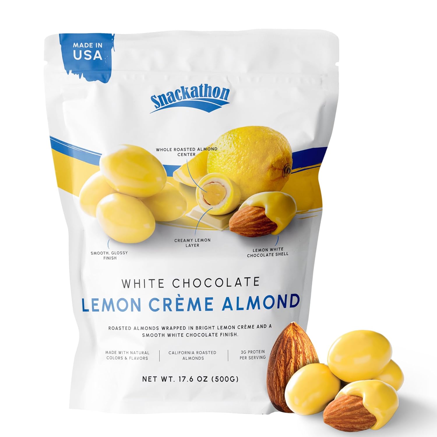 Snackathon Lemon Creme White Chocolate Covered Almonds, 17.6 oz Resealable Bag, Whole Roasted Almonds Coated in Lemon Cream and White Chocolate, Crunchy Citrus Nut Snack, Made in USA