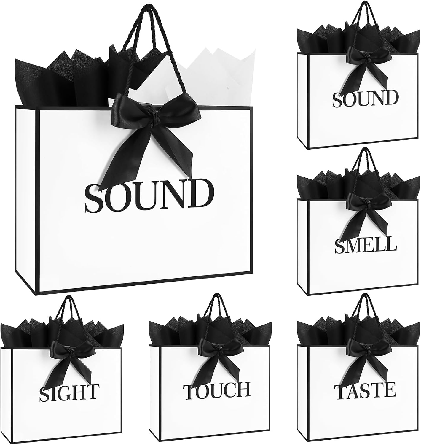 5 Senses Gift Bags for Him Her With Labels,Handles,Ribbon and Tissue Paper, 12.6 X 8.7 X4 Inch Five Senses Paper Bags, Suitable for Birthday Party,Wedding,Anniversary,Christmas,Valentine's Day (White Black)