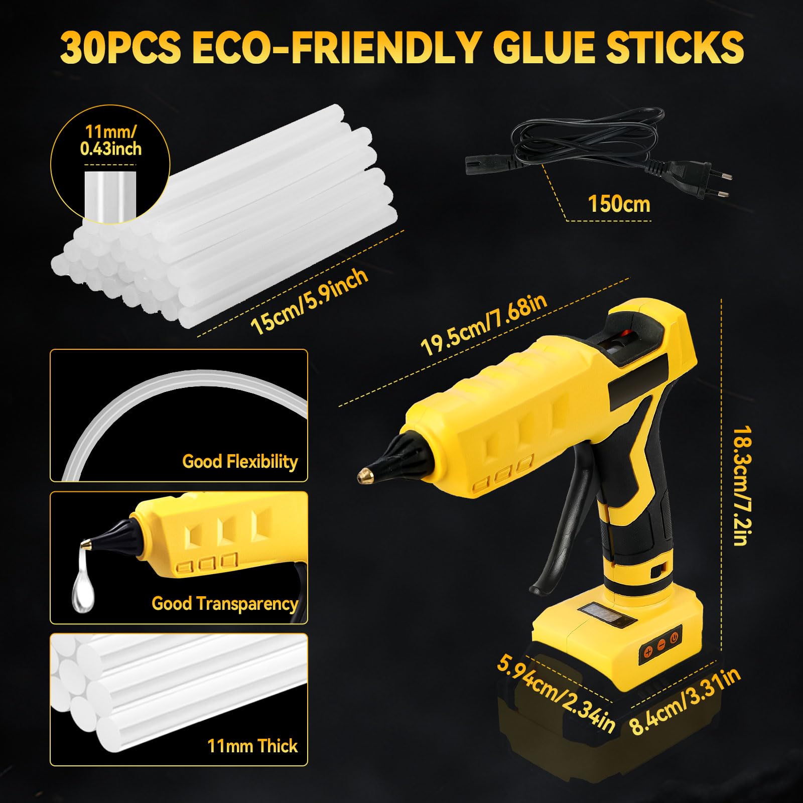 Akku-Heißklebepistole für Dewalt 20 V, 100 W, Dual-Power-Heißklebepistole zum Basteln, mit 30 Stück Klebepistolen-Sticks, 11 mm, für Heimwerker, Kunst, Handwerk (ohne Batterie)
