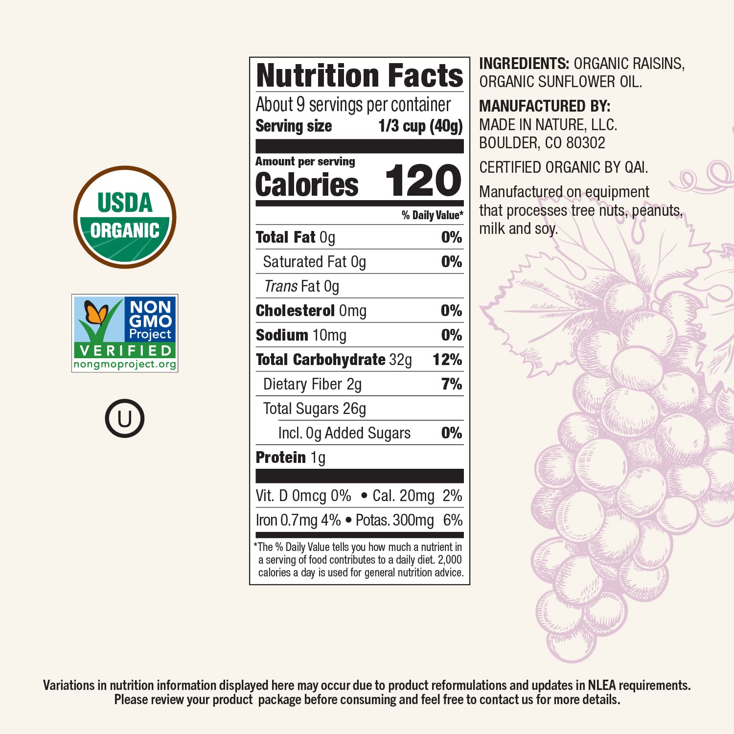 Made In Nature Organic Dried Raisins, 12 Ounce (Pack of 6) – Vegan Snack, Non-GMO, Kosher