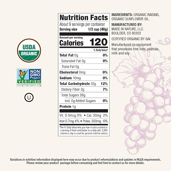Made In Nature Organic Dried Raisins, 12 Ounce (Pack of 6) Vegan Snack, Non-GMO, Kosher