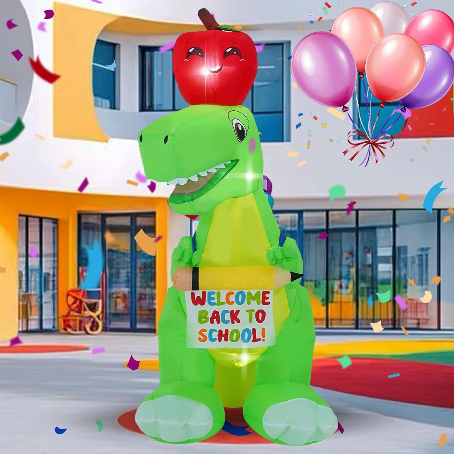 6FT Back to School Dinosaur, Back to School Inflatable Decoration, Outdoor Decoration with LED Lights for Outdoor, Indoor, Patio, Lawn Garden Inflatable Decoration