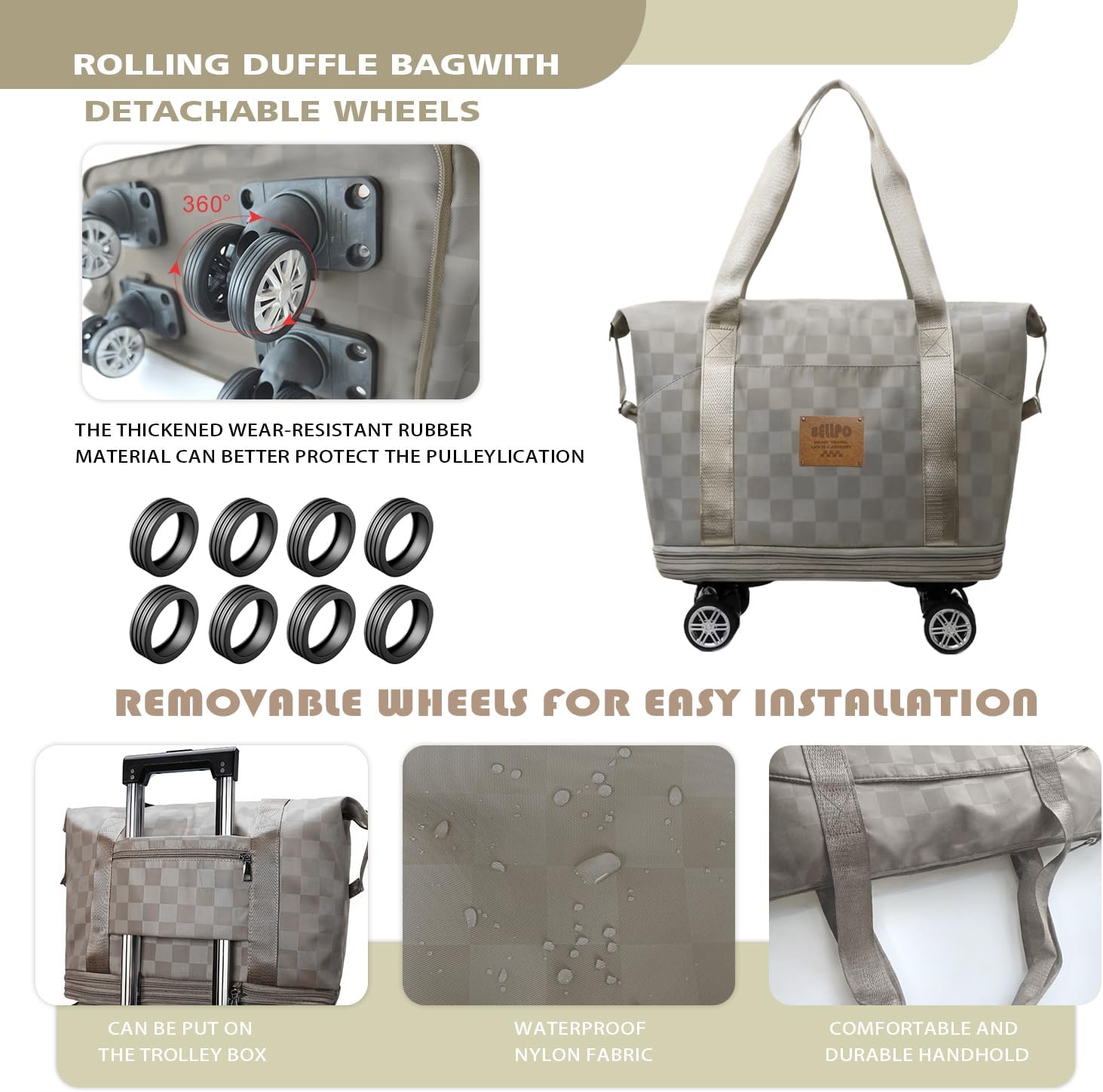 Travel Duffle Bag with Wheels, 28-58L Expandable & Foldable Duffel Bag (Khaki) - Image 5