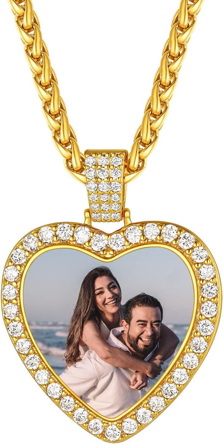 FindChic Customized Heart Photo Necklace Plain/Bling CZ/Rose/Angel Wings/Rotatable 2-Side Picture Pendant Stainless Steel/Gold Plated/Black Valentine's Jewelry Gift for Women Mom Girlfriend +Gift Box
