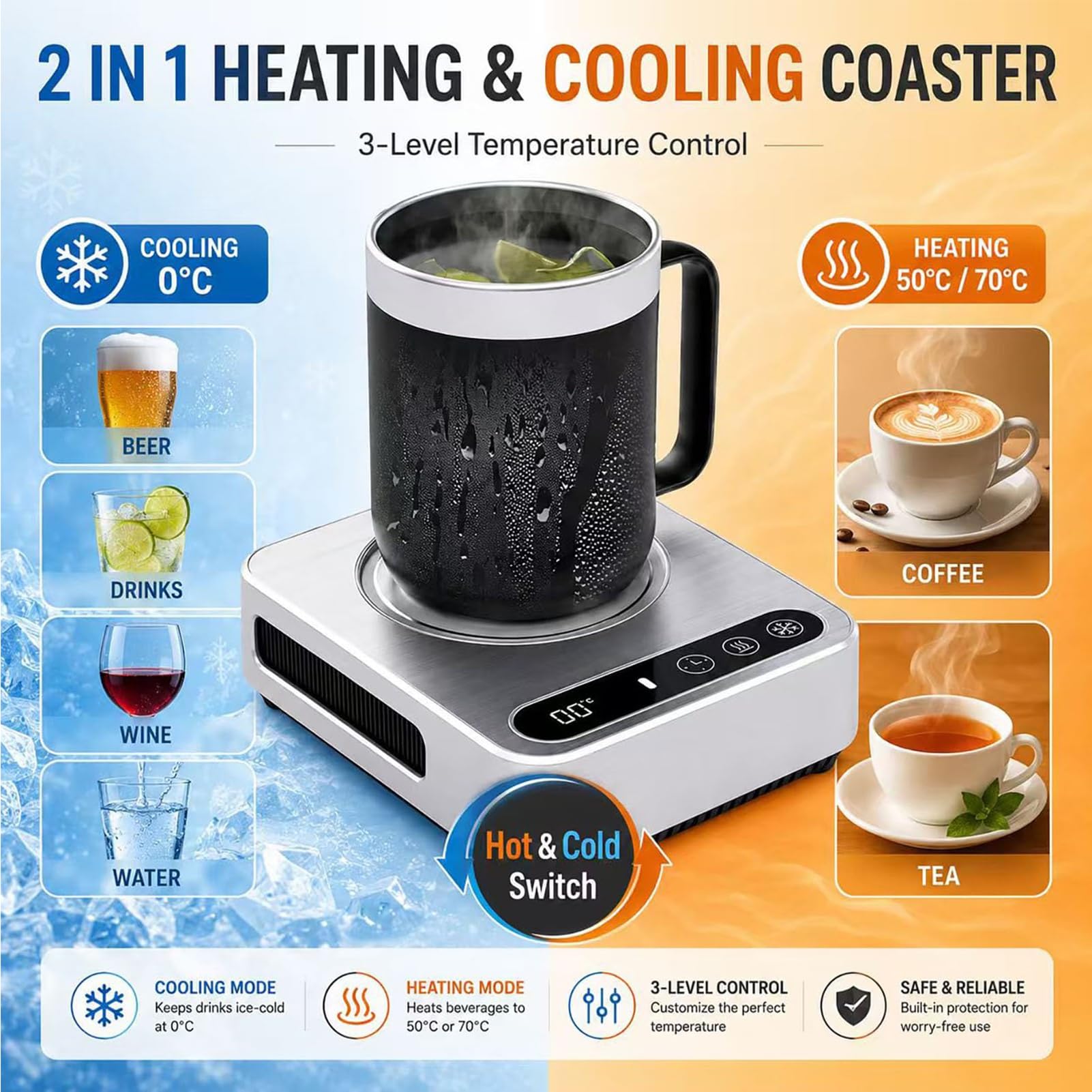 Tazza Refrigerante Elettrica da 36W, Raffreddatore Portatile per Bevande con Regolazione della Temperatura a 3 Livelli e Timer da 18 Ore, Display Digitale con Modalità Caldo e Freddo, Macchina Gray