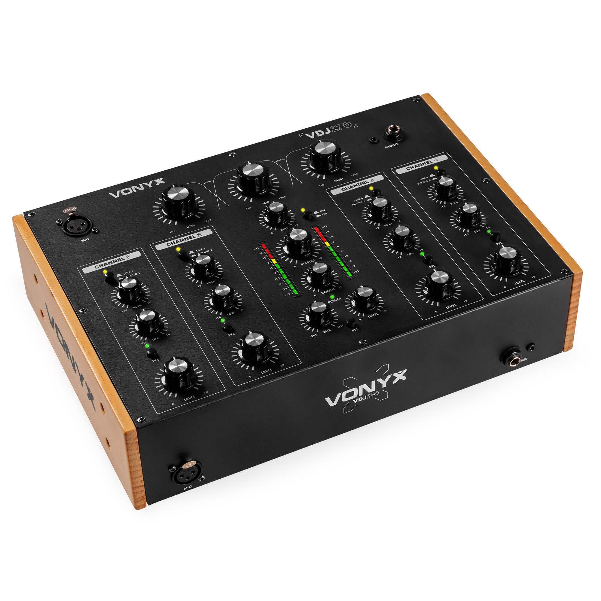 Vonyx VDJ270 DJ mixer a 4 canali – analogico Rotary Audio Mixer con 2 bande EQ & XLR – Retro DJ mixer nero effetto legno – Sound Mixer per vinile & Club – Include Booth Output & Mic Input