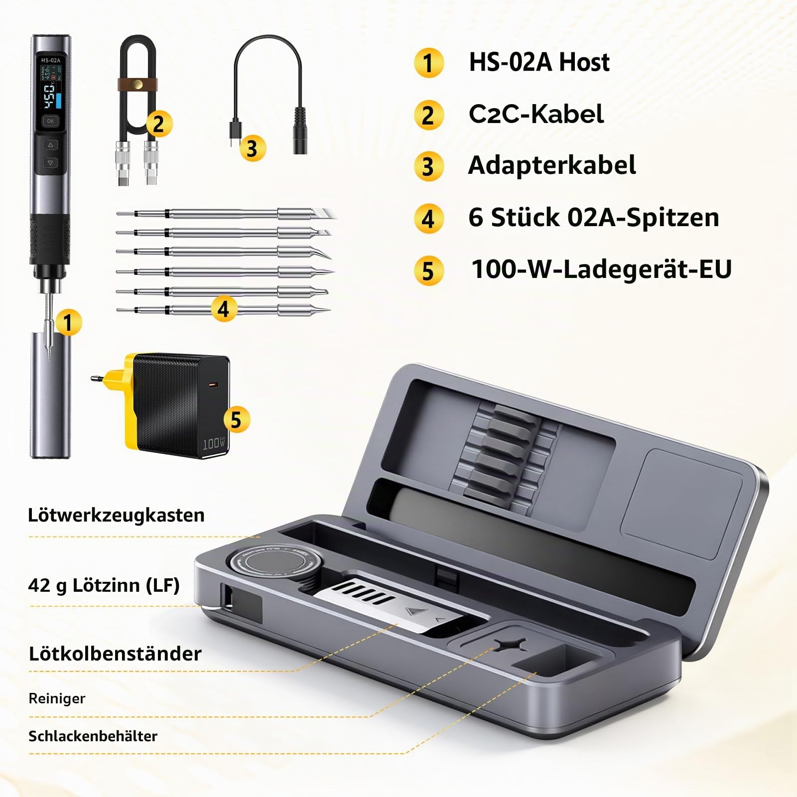 HS-02A 100W Tragbares Kabelgebundenes Lötkolben-Set, Temperaturgeregeltes Lötkolben, 3S Schnelles Erhitzen, 100-450°C, Voreingestellte 3 Gruppen Temperatur, 6 Stück Lötspitzen