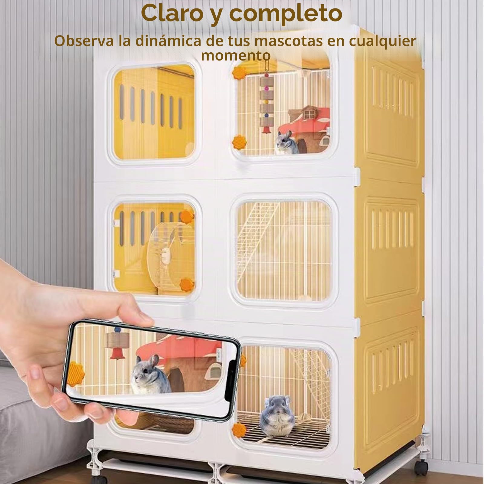 Jaula cerrada para animales pequeños, jaula para conejos de interior con bandeja extraíble extra grande de 360°, rueda universal panorámica transparente para conejo, hurón, chinchilla