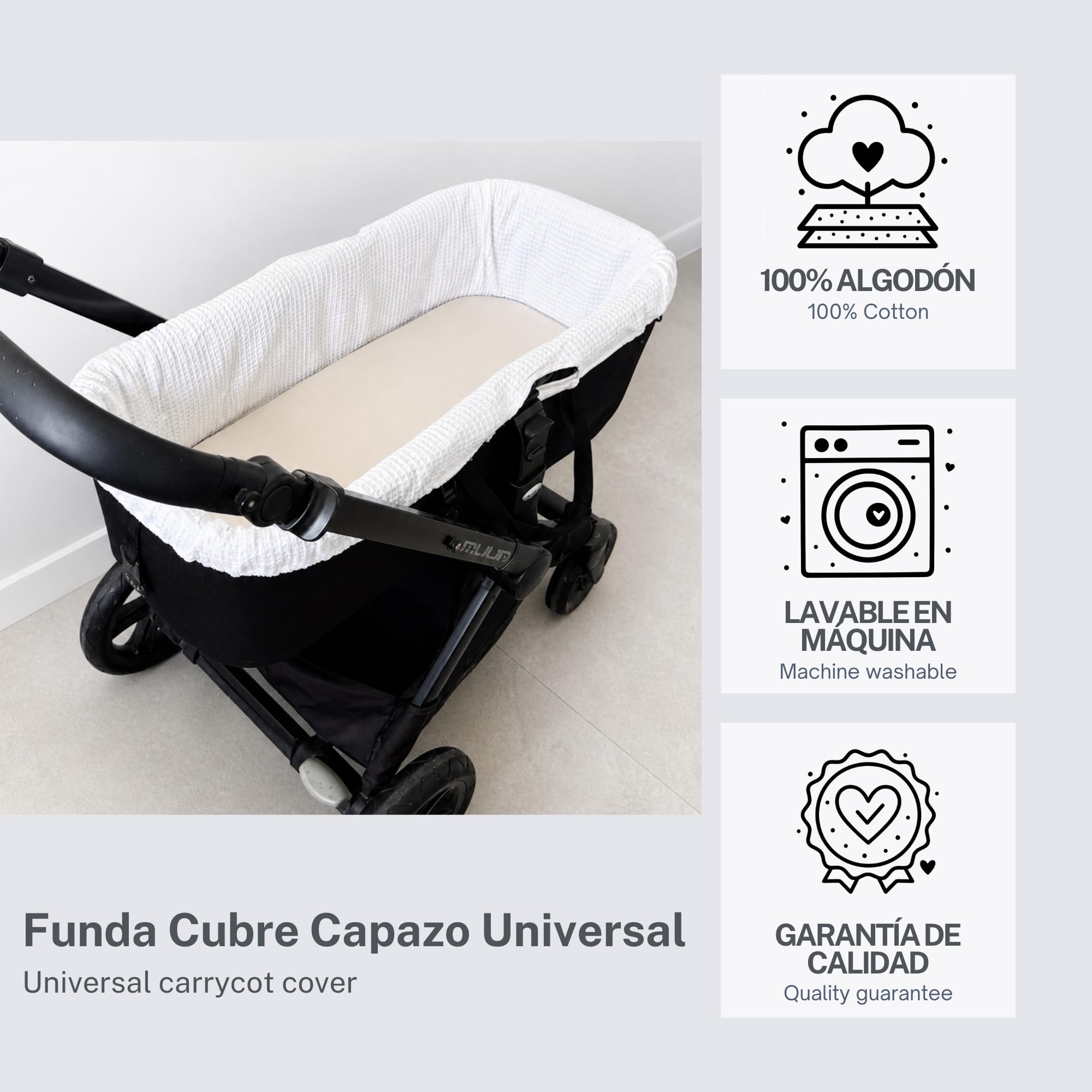 Thermikoa Housse de nacelle universelle pour bébé piqué gaufré en coton respirant Housse intérieure effet nacelle Nouveaux murs plus propres et accueillants, ajustement adaptable lavable