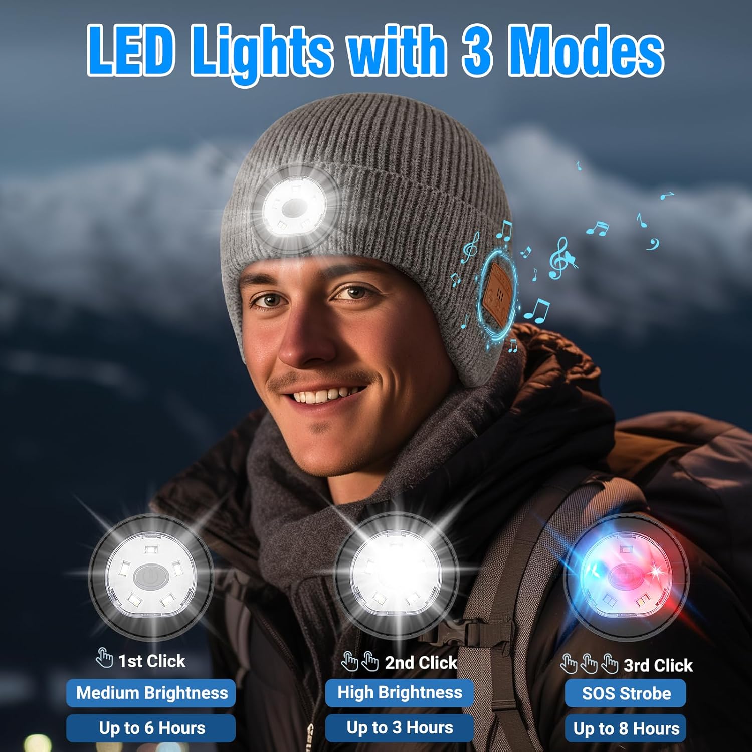 Bluetooth Beanie with Light, Built-in Wireless Headphones & Stereo Speakers - USB Rechargeable Bluetooth Hat | Unique Tech Gifts Birthday Gifts for Men and Women (Light Grey, Adult) - Image 4