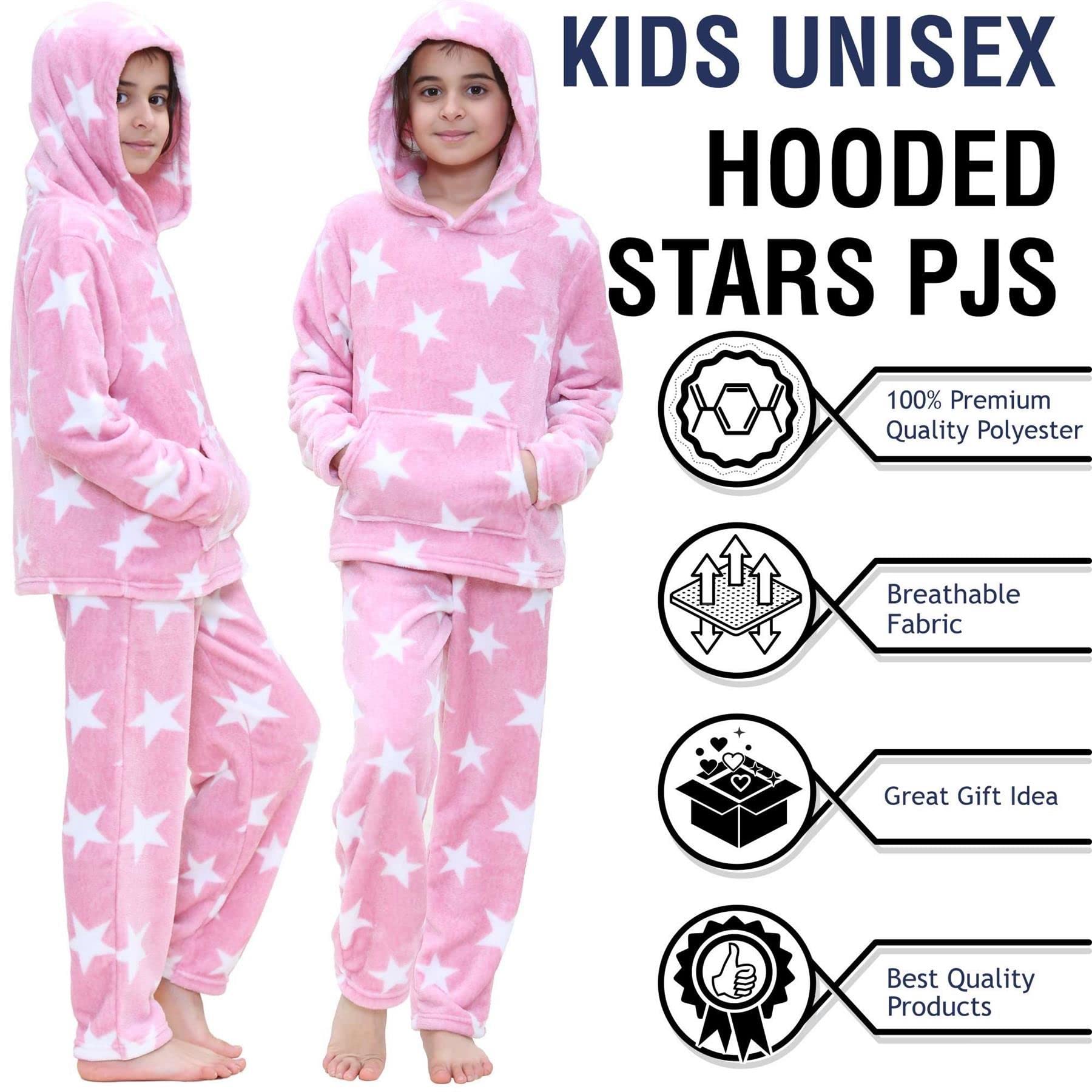 A2Z 4 Kids Girls Stars Fleece Pyjamas Extra Soft Loungewear Flanelowa polarowa bielizna nocna Kieszenie kangurkowe Kaptur Piżamy Zestawy Strojów Wiek 5-13 Lat