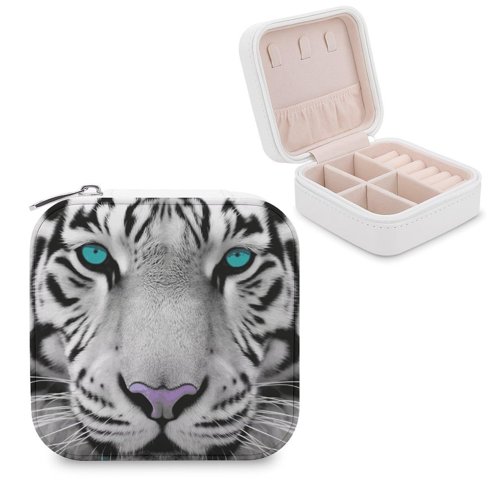 JTREHY Travel Tiger with Teal Eyes Jewelry Case Portable Display Storage Box PU Leather Mini Jewelry Travel Case Personalized Travel Jewelry Organizer Small Jewelry Box for Women
