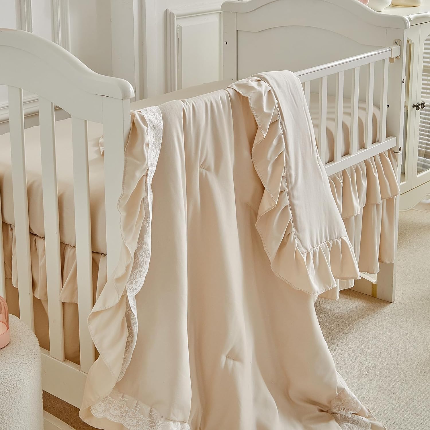 Ruffled Crib Bedding Set Floral Design 3 Pieces Baby Boho Quilted Comforter with Fitted Sheet and Bed Skirt - Cute Ruffled Shabby Chic Baby Bedding Soft Blanket Design UCBS-7RM-01