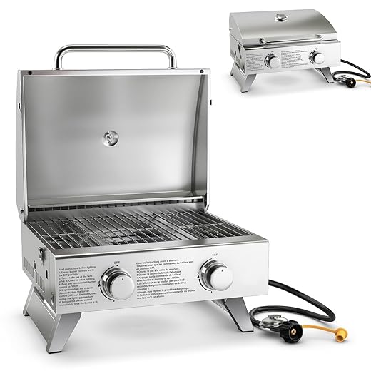 Giantex Portable Gas Grill with 2 Burner, Max. 20,000 BTU total, Folding Legs, Built-in Thermometer, Travel Locks, Stainless Steel Tabletop Propane Gas Grill for Camping Picnic Cookout RV BBQ