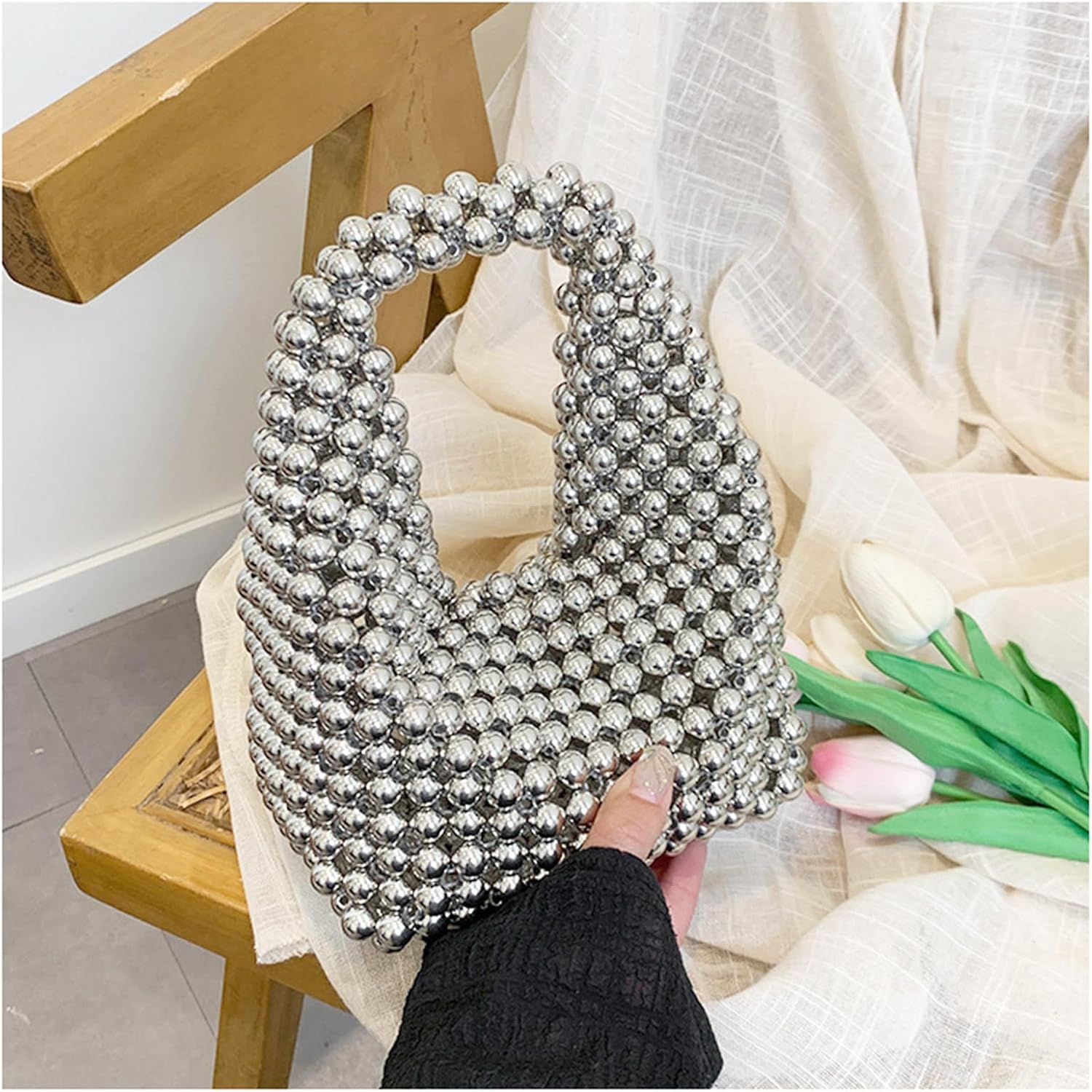 Handbag for Women, Women Bead Clutch Purse, Evening Bags, Tote Bag for Party Wedding Travel(Silver)
