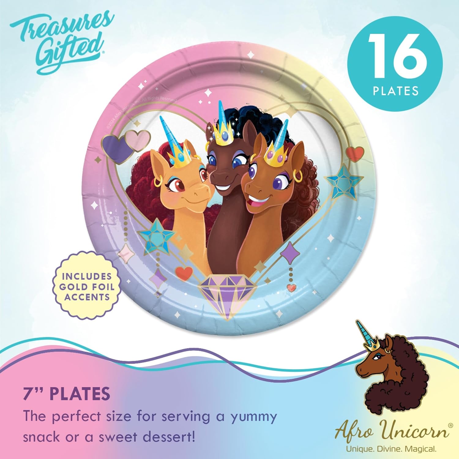 Treasures Gifted Officially Licensed Afro Unicorn Birthday Party Supplies 16 Guests - Classic Set - Afro Unicorn Party Decorations - Plates, Cups, & Napkins Set