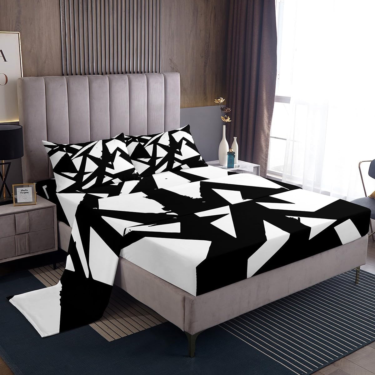 jejeloiu Abstract Bed Sheets Set Twin Size Modern Abstract Art Bed Set for Kids Boys Girls Luxury Deep Pocket Fitted Sheet Geometric Breathable Soft Lightweight Microfiber Raw White