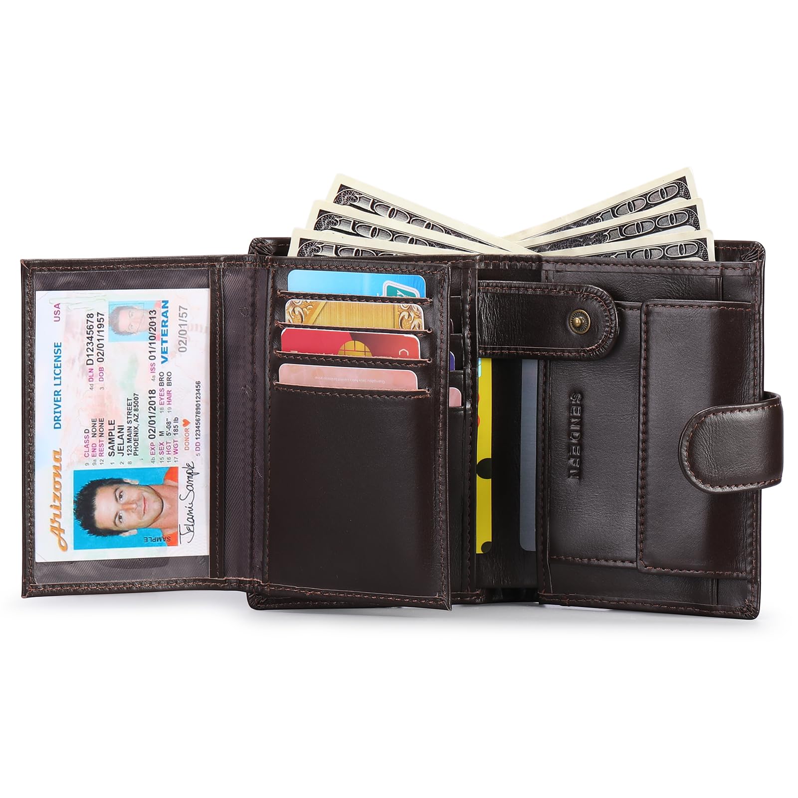 SENDEFN Portefeuille Homme Grand Trifold en Cuir Véritable, Portefeuille pour Homme Blocage RFID avec 19 Emplacements pour Cartes de Crédit, 3 Compartiment à Billets,1 Poche à Monnaie