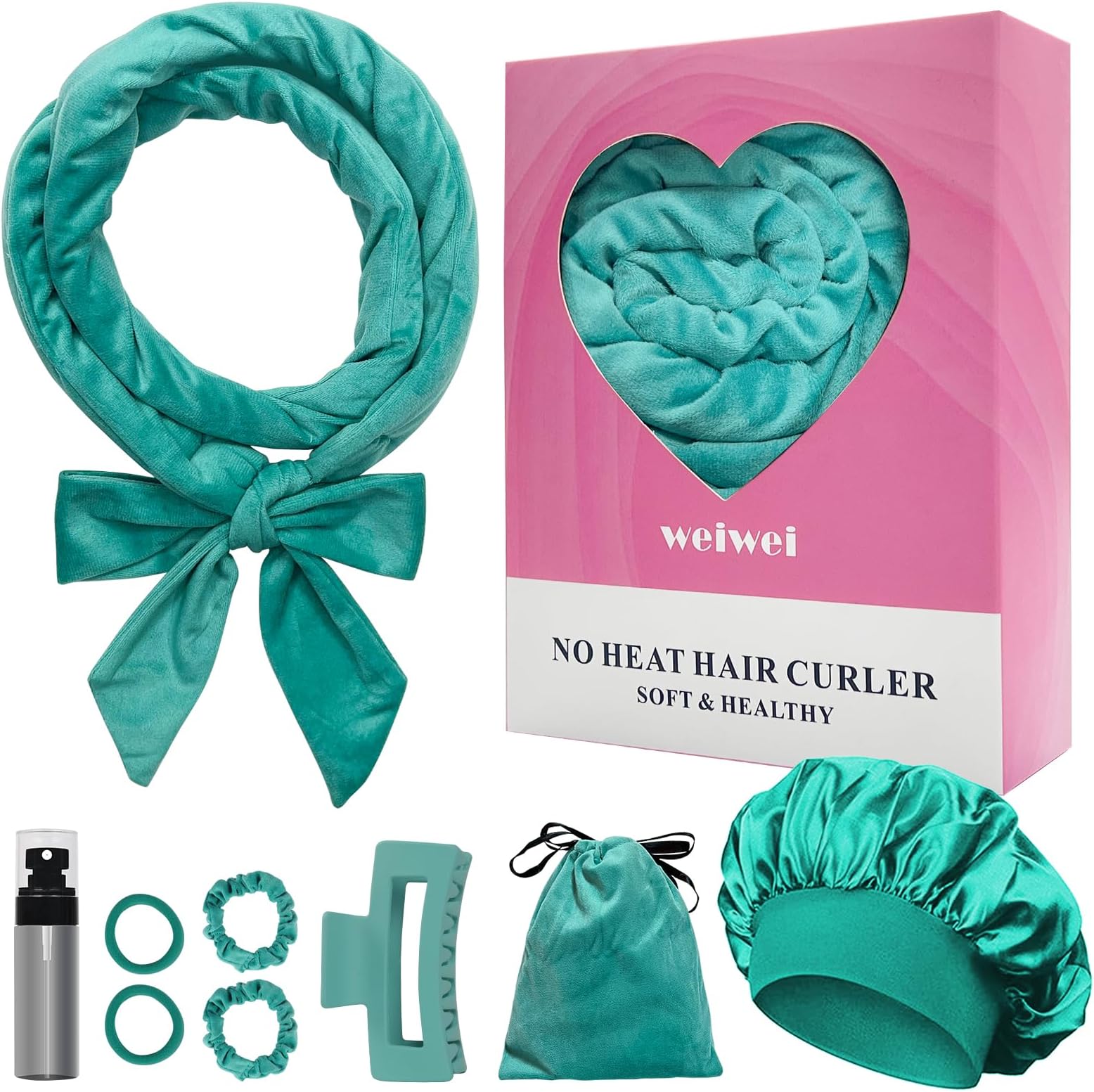 Heatless Curlers Headband, Heatless Overnight Curls Hair Curlers No Heat, 70" Soft No Heat Hair Curlers, 9 PCS Curling Rods Gift Set for Women Long Wave Hair Volume -Green