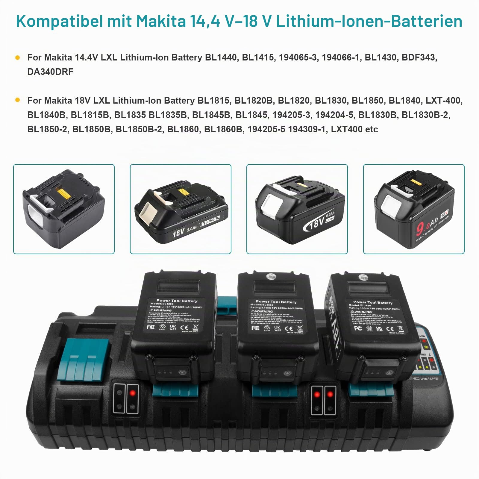 4 Port DC18SF Ladegerät für Makita Akku, 14,4V-18V 3A Ersatz Schnell-Ladegerät für Makita LXT DC18RD DC18RC Li-ion Akku Schnellladegerät BL1415 BL1430(EU-Stecker 110-230V)