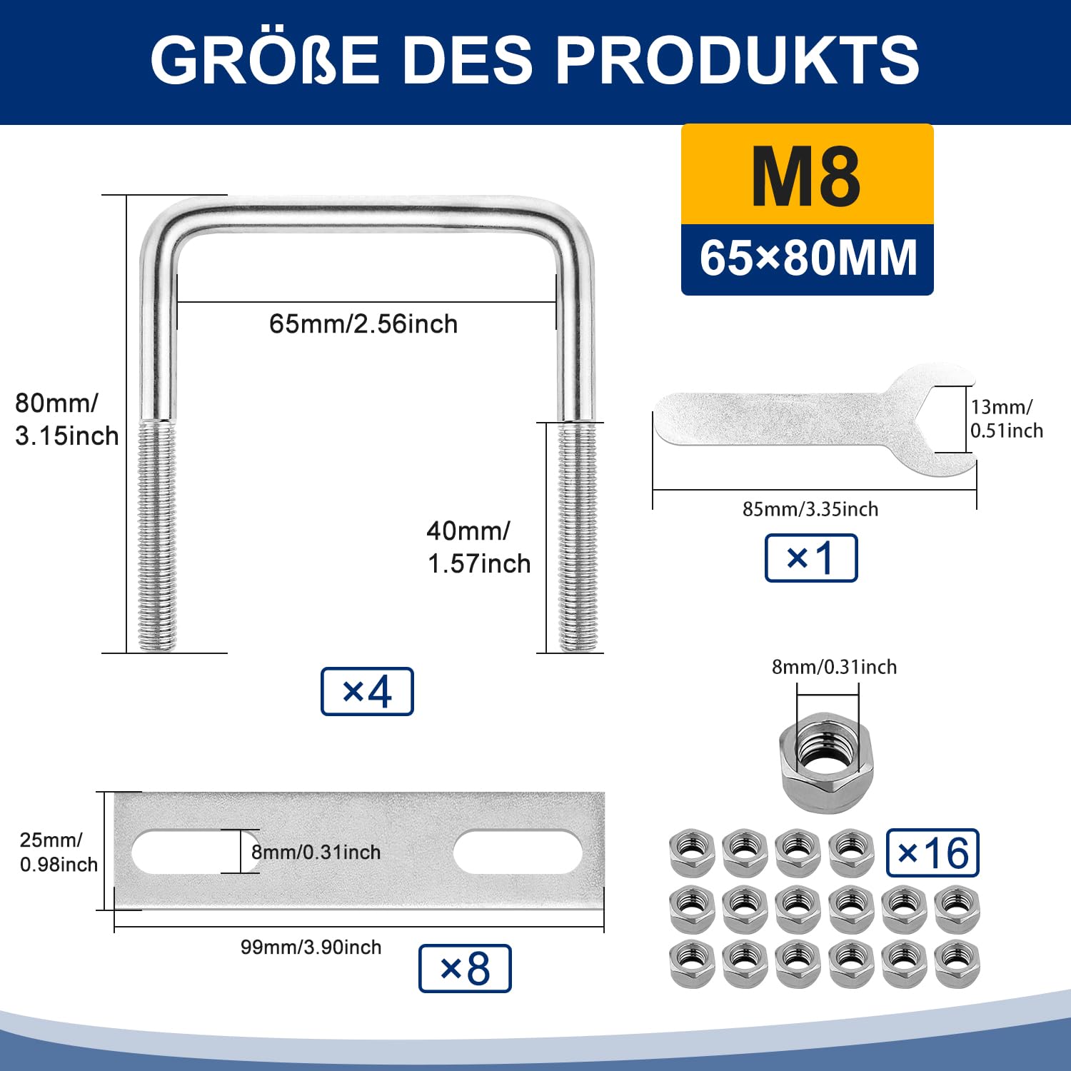 U-bolt with thread M8 square U shackle 65 mm x 80 mm U-bolt 4 pieces with 16 nuts and 8 counter plate U screws U-bolts for towing cars ships repair (M8 65 x 80 mm) - Image 2