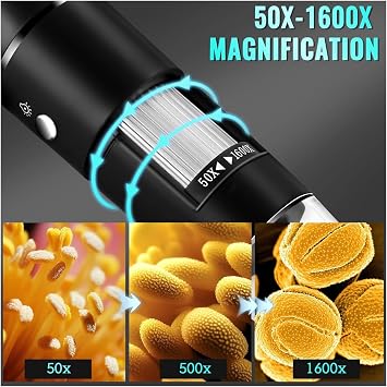 Digital Microscope Camera, 1600X Magnification Capacity, 1080P Full HD Photo and Video Recording, 8 Led Light Camera, 360 Degree Rotatable Body, Microscope Camera Compatible with All Phones and Computers