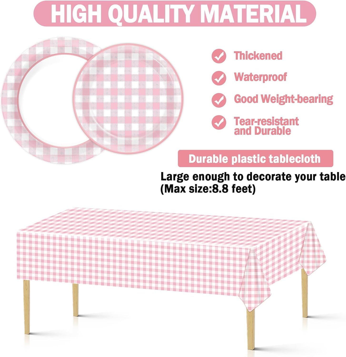 98 Pieces Pink checkered Party Supplies for 24 Guests Pink and White Checkered Tableware Set Plaid Plates Napkins Tablecloth Party Decorations for Birthday Barbecue Picnic Dinner Favors