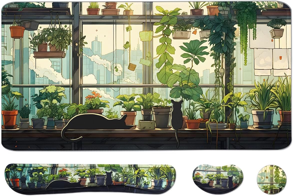 Large Mouse Pad Set, Cute Extended Mouse Pad+Keyboard Wrist Rest Support Desk Pad Memory Foam Ergonomic Easy Typing - Shortcut Keys