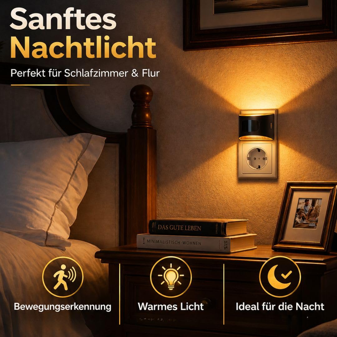 Luce notturna a LED con sensore di movimento per presa, luce bianca calda, sensore crepuscolare, confezione da 2