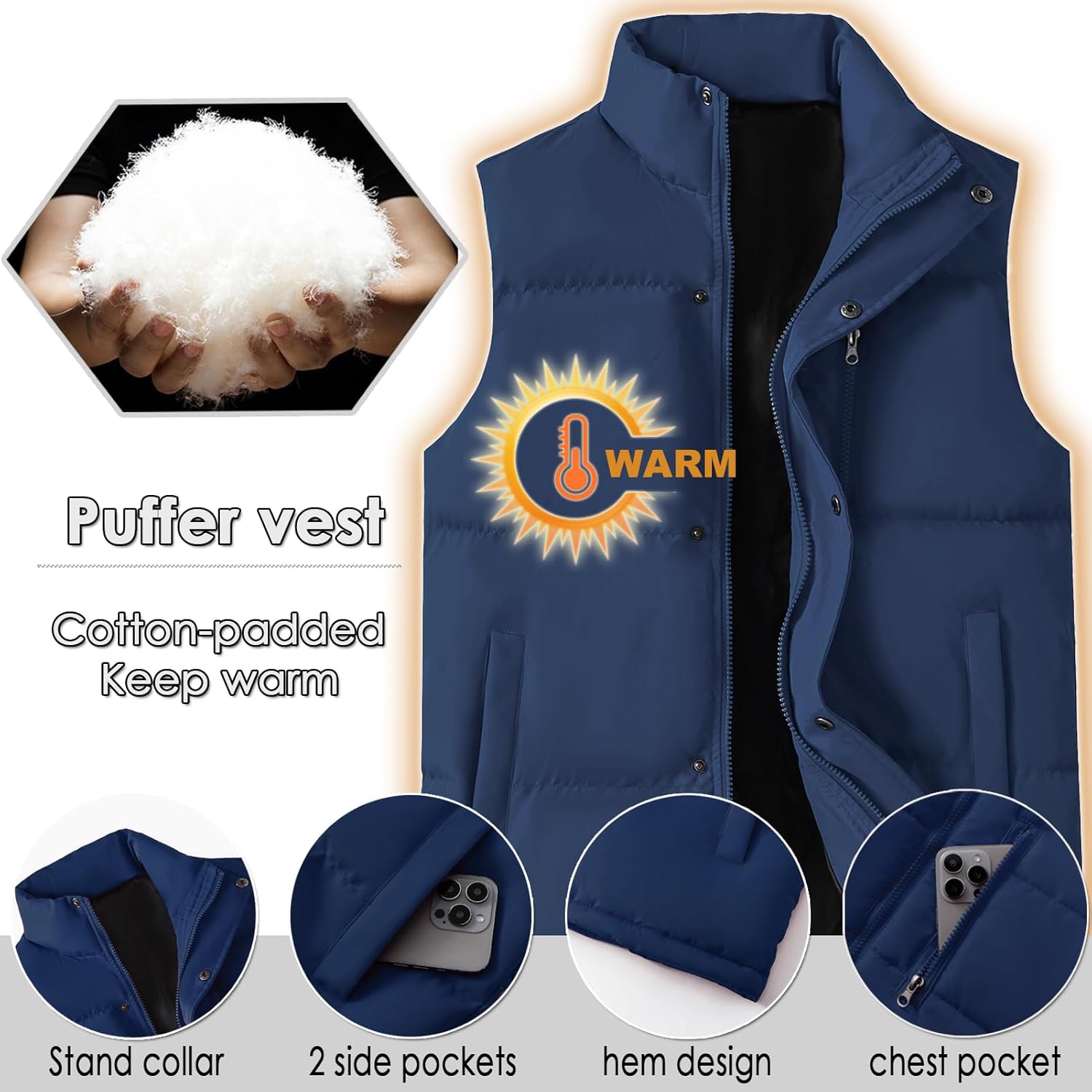 XinYangNi Men's Winter Warm Outdoor Padded Puffer Vest Thick Fleece Lined Sleeveless Jacket