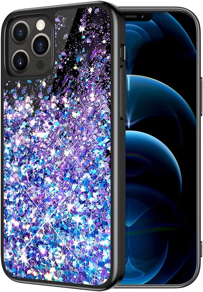 Caka Glitter Case for iPhone 12 Pro Max Case for Women Girls Girly Bling Sparkle Liquid Quicksand Luxury Flowing Waterfall Glitter Black Case for iPhone 12 Pro Max (Blue Purple)