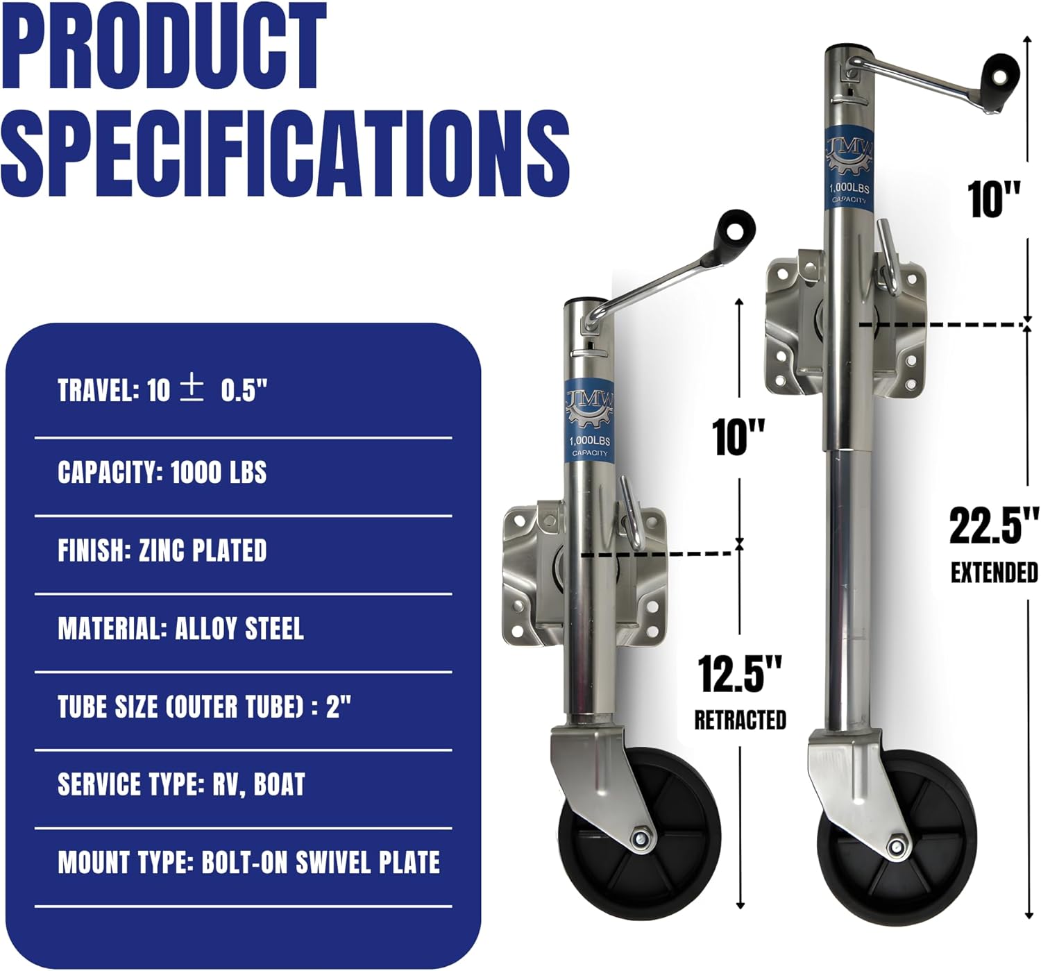 Jeremywell 2000lbs Trailer Jack with Double Wheel, Adjustable 12" Lift Travel, Boat On for Boat RV Utility, Swivel Tongue Towing Dual Wheel