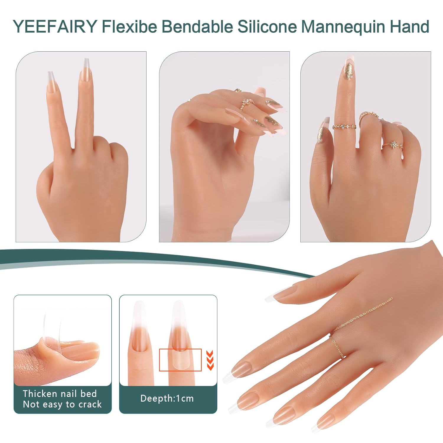 Flexible Bendable Silicone Practice Hand for Acrylic Nails, Soft Realistic Mannequin Hand with 528 Pcs Nails for Nail Art Jewelry Display Salon DIY Accessory (Tan,7.7in-Pair)