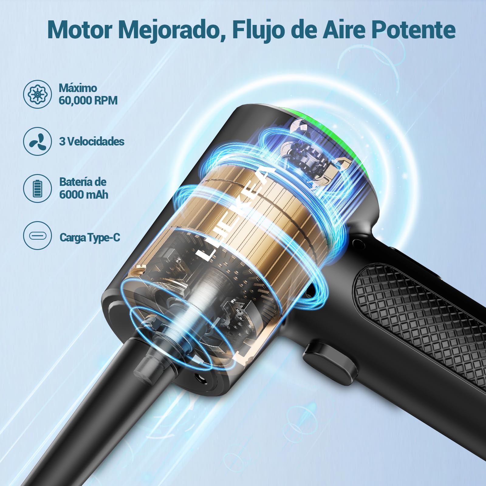 Aire Comprimido Limpieza PC Air Duster - 3 Velocidades Soplador de Aire Potente con Luz LED, 6000mAh, Soplador de Polvo Eléctrico, Alternativa al Spray Aire Comprimido o Compressed Air