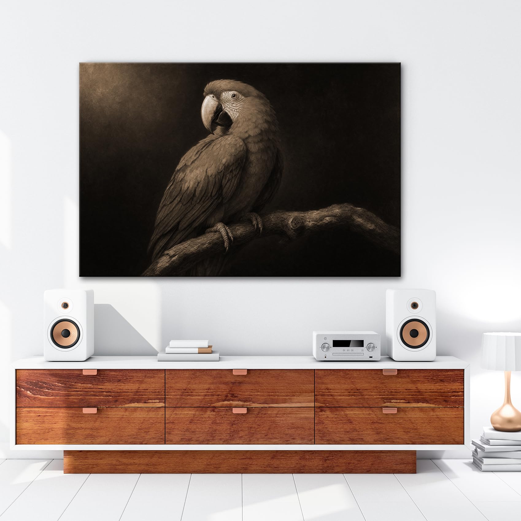 deyoli Obraz na płótnie Kolorowa papuga siedząca na gałęzi 90 x 60 cm Sepia | Format poziomy, jednoczęściowy druk artystyczny XXL, obraz na blejtramie, obraz na płótnie, obraz ścienny, dekoracja salonu