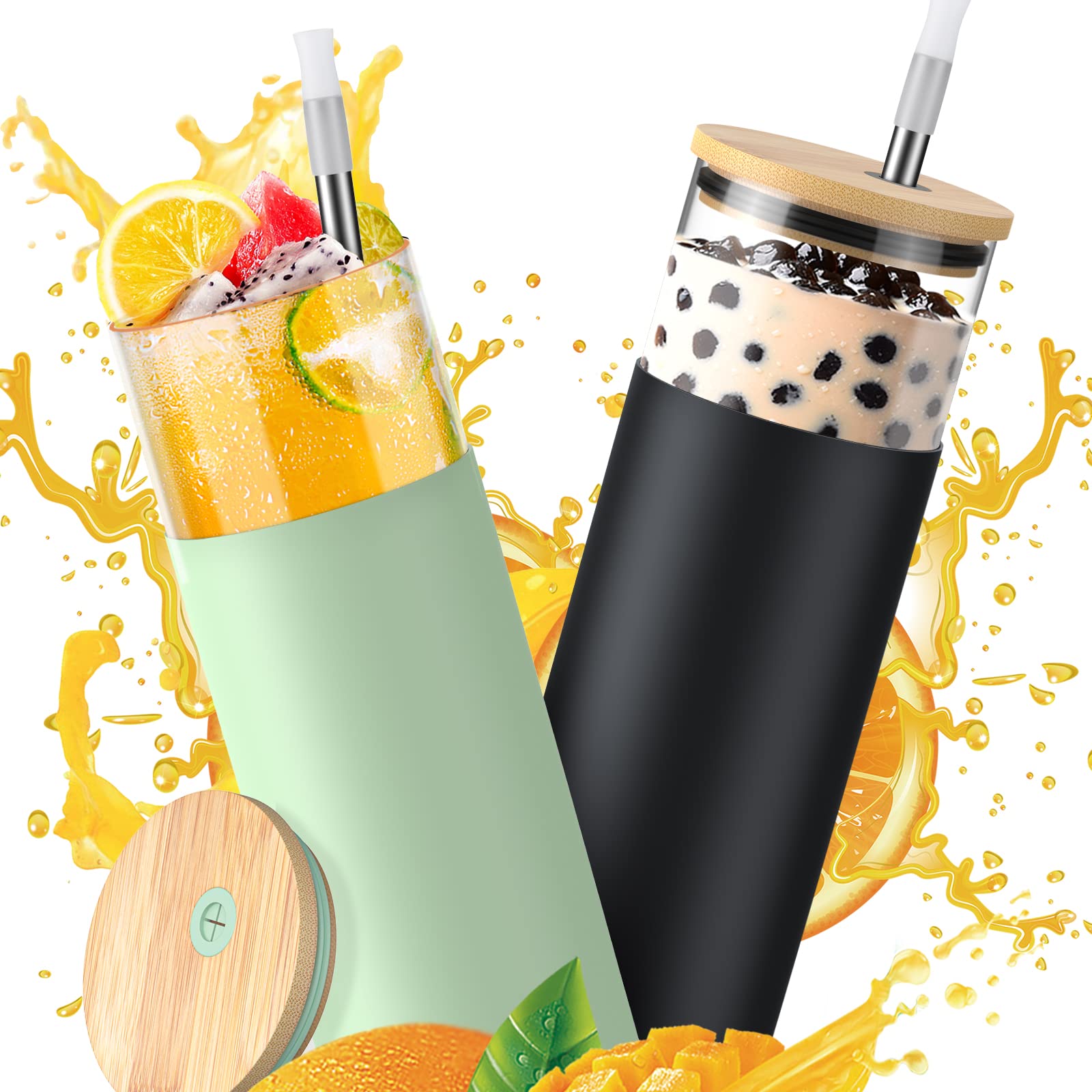 Patgoal 2Pcs 20oz Glass Tumbler Water Bottle with Silicone Sleeve Bamboo Lid Straws Iced Coffee Cup Glass Drinking Tumblers for Boba Smoothies,Milk,Juices,BPA Free (Green and Black)