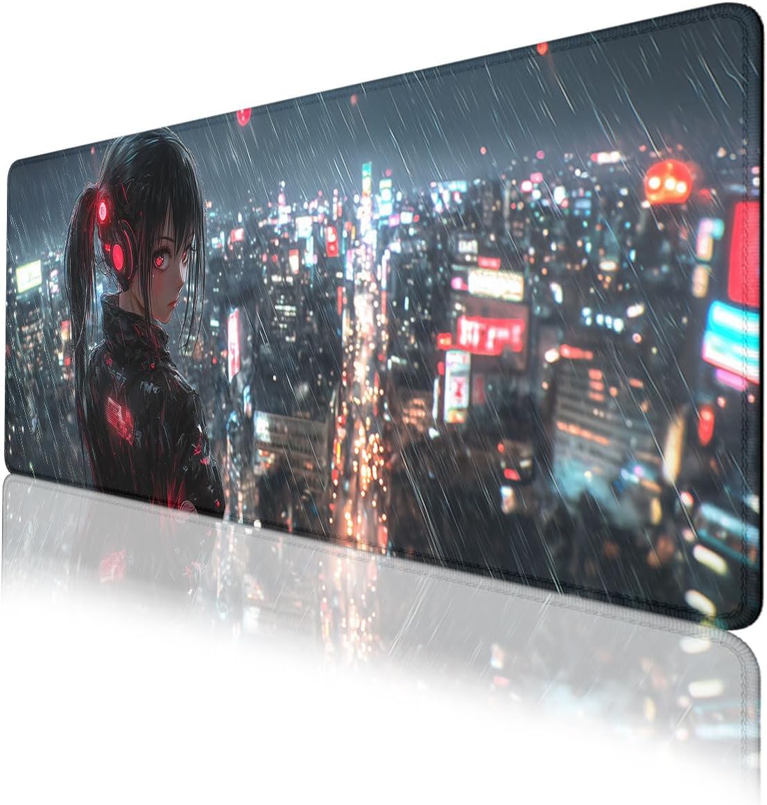 Anime Girl Mouse Pad, Neon City Skyline Futuristic Hologram Extended Mousepad Waterproof Stitched Edges Rubber Base Non-Slip Deskpad Computer Keyboard Mat 31.5 x 11.8 inch