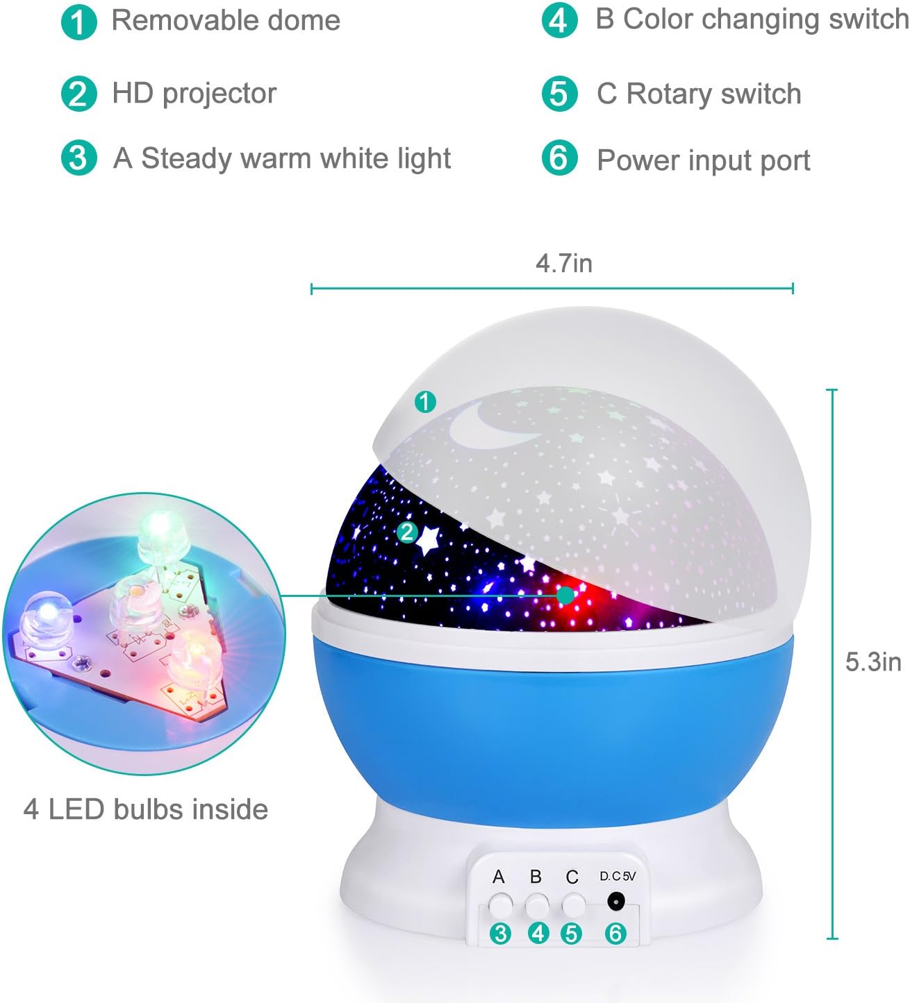 Adoric 361 Night Lamp, Star Light Rotating Projector, 4 LED Bulbs 8 Modes for Children Kids Bedroom (3.2FT USB Cord)